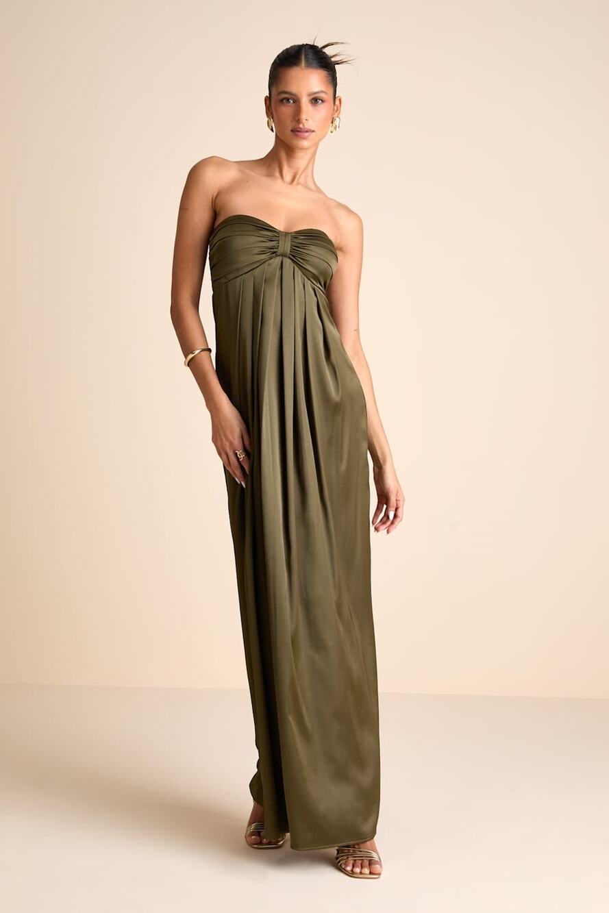 NWT Lulus Memorable Entrance Olive Green Strapless Satin Maxi Dress Holiday Sz L